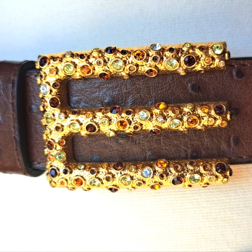 Etro Jeweled Brown "Ostrich" Leather E Belt